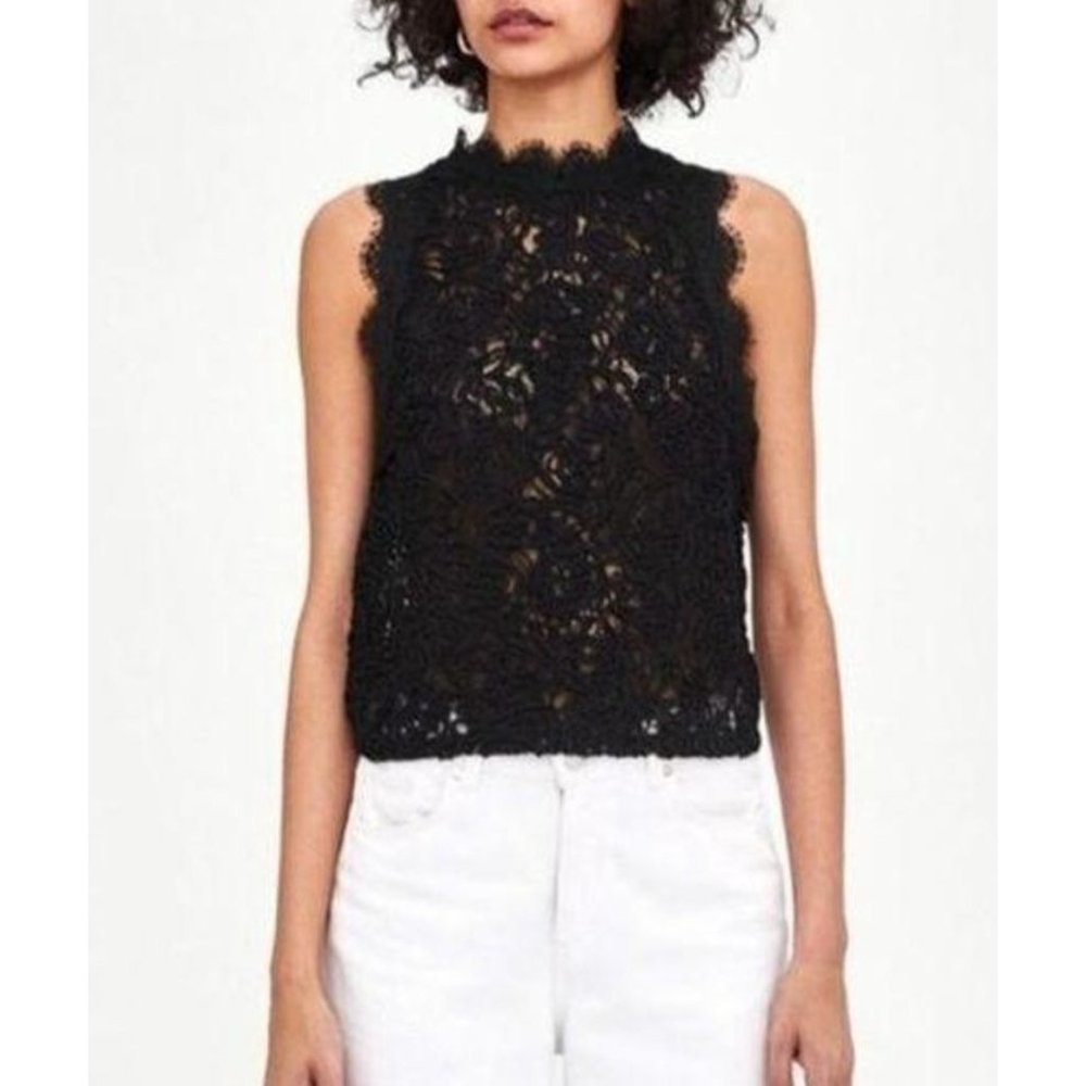 ZARA Trf Textured Shear Lace Detail Mock Neck Zip Back Up Tank Top S Black #1966